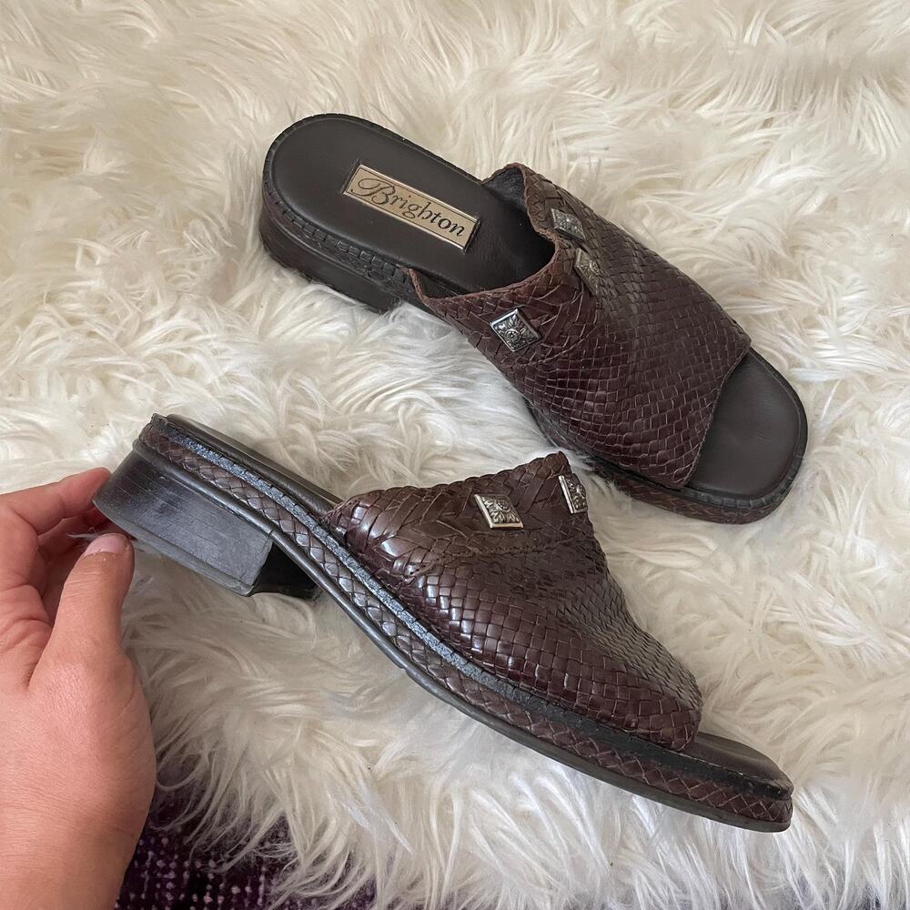 90s vintage brown leather woven sandals slides whimsigoth earthy fairy US 9